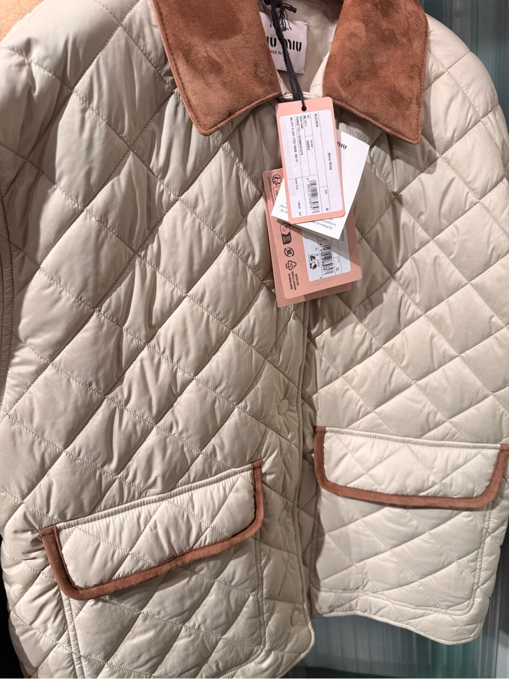 Miu Miu Cream Quilted Puffer with Brown Suede Trim